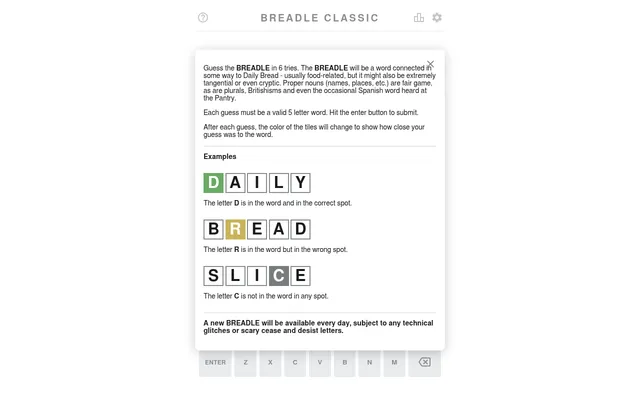 Breadle Classic's how-to-play card: guess the five-letter BREADLE in six tries, with example rows DAILY, BREAD and SLICE showing green, yellow and grey tiles, over the keyboard