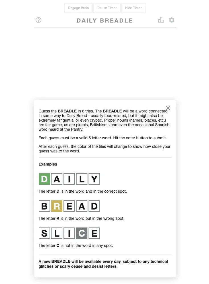 Breadle Classic in play: the Daily Breadle page with its how-to box open over the board, showing DAILY, BREAD and SLICE as tile colour examples, with timer buttons above