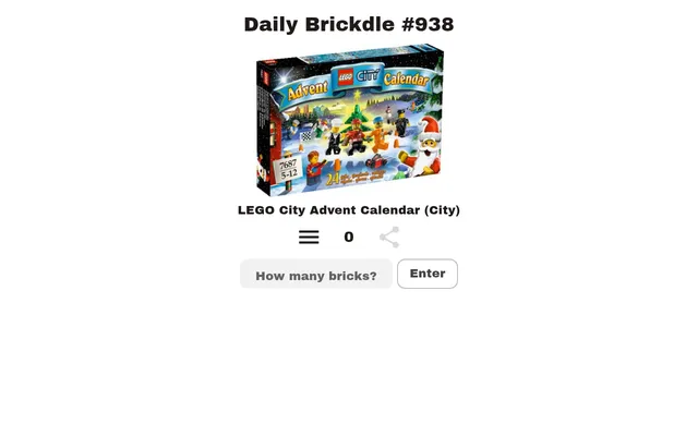 Daily Brickdle #938: the box of the LEGO City Advent Calendar with its name below, a guess counter at 0 and a How many bricks? box with an Enter button