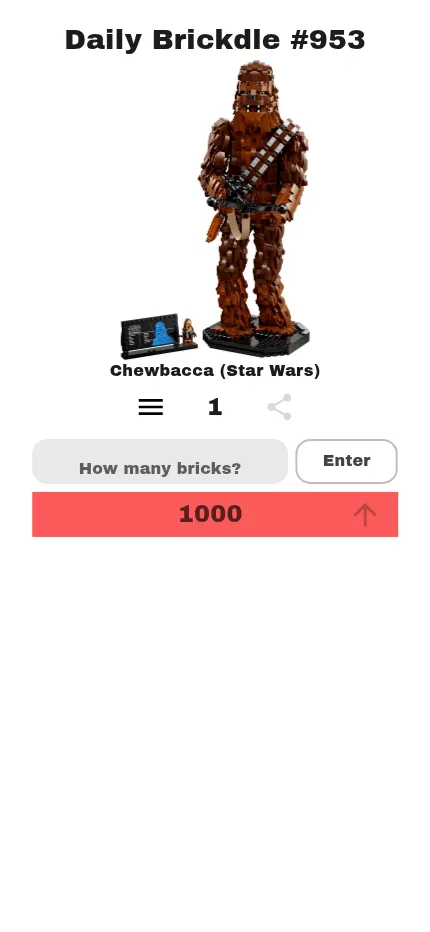 Daily Brickdle #953 at phone size after one guess: 1000 shown in red with an up arrow, meaning the Chewbacca set has more pieces