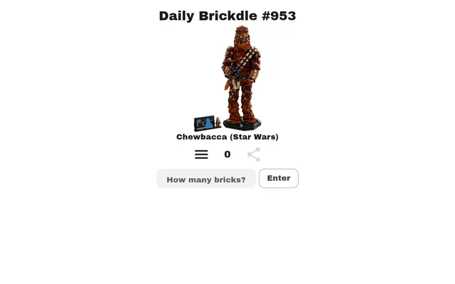 Daily Brickdle #953 on desktop: the LEGO Star Wars Chewbacca display set with its name below, a guess counter at 0 and the How many bricks? box with an Enter button