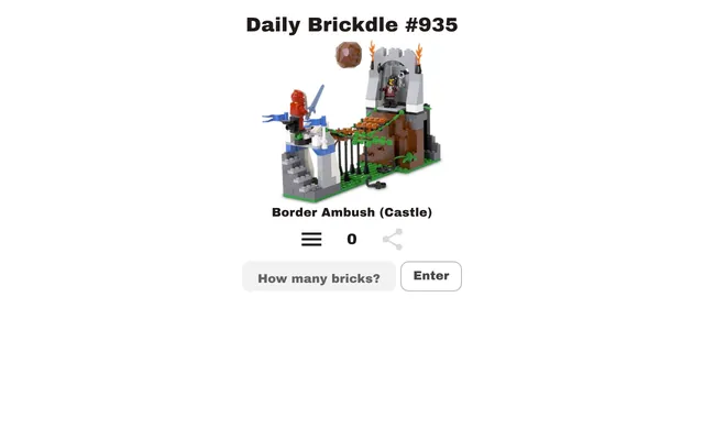 Brickdle showing Daily Brickdle #935 with a photo of the LEGO set Border Ambush (Castle), a guess counter at 0, a How many bricks? input box and an Enter button