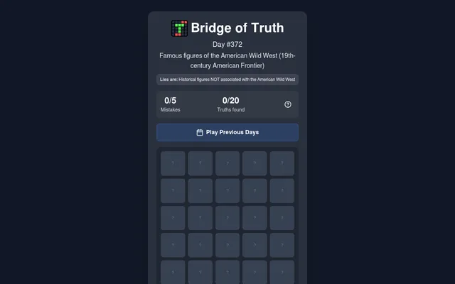 Bridge of Truth Day 372 board: the Wild West category, the line saying what the lies are, the mistakes and truths counters and the grid of hidden squares