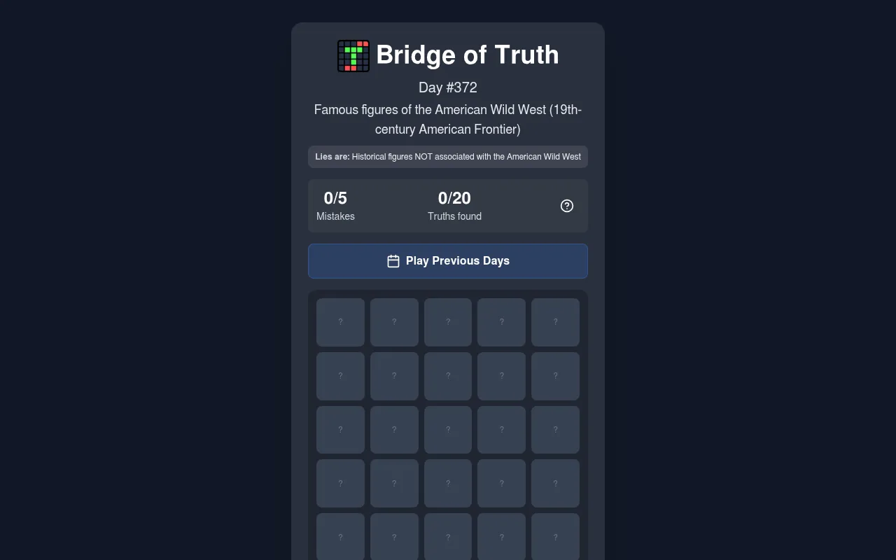 Bridge of Truth Day 372 board: the Wild West category, the line saying what the lies are, the mistakes and truths counters and the grid of hidden squares