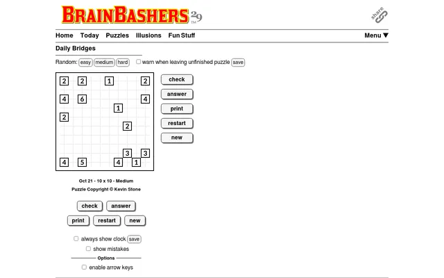 BrainBashers Daily Bridges for 21 October, 10x10 Medium: numbered square islands on a dotted grid beside the check, answer, print and restart buttons