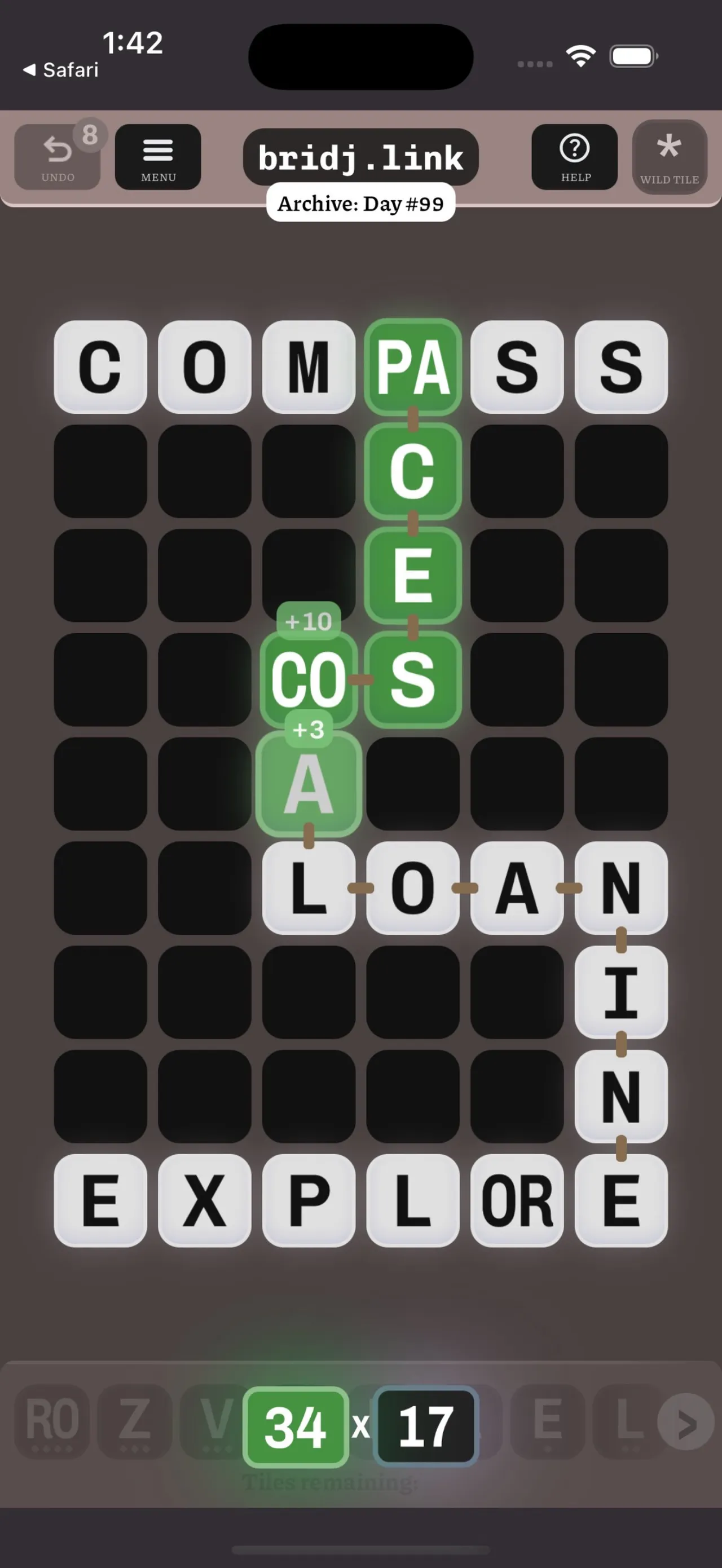 bridj archive Day #99 joining COMPASS and EXPLORE with green scored tiles and the score shown as 34 x 17