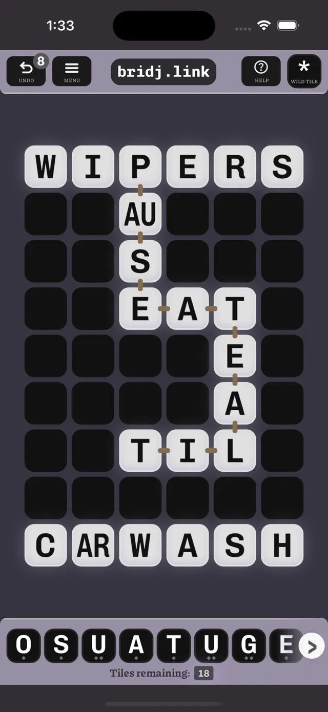 bridj puzzle joining WIPERS at the top to CARWASH at the bottom with crossing words PAUSE, EAT, TEAL and TIL, and letter tiles below