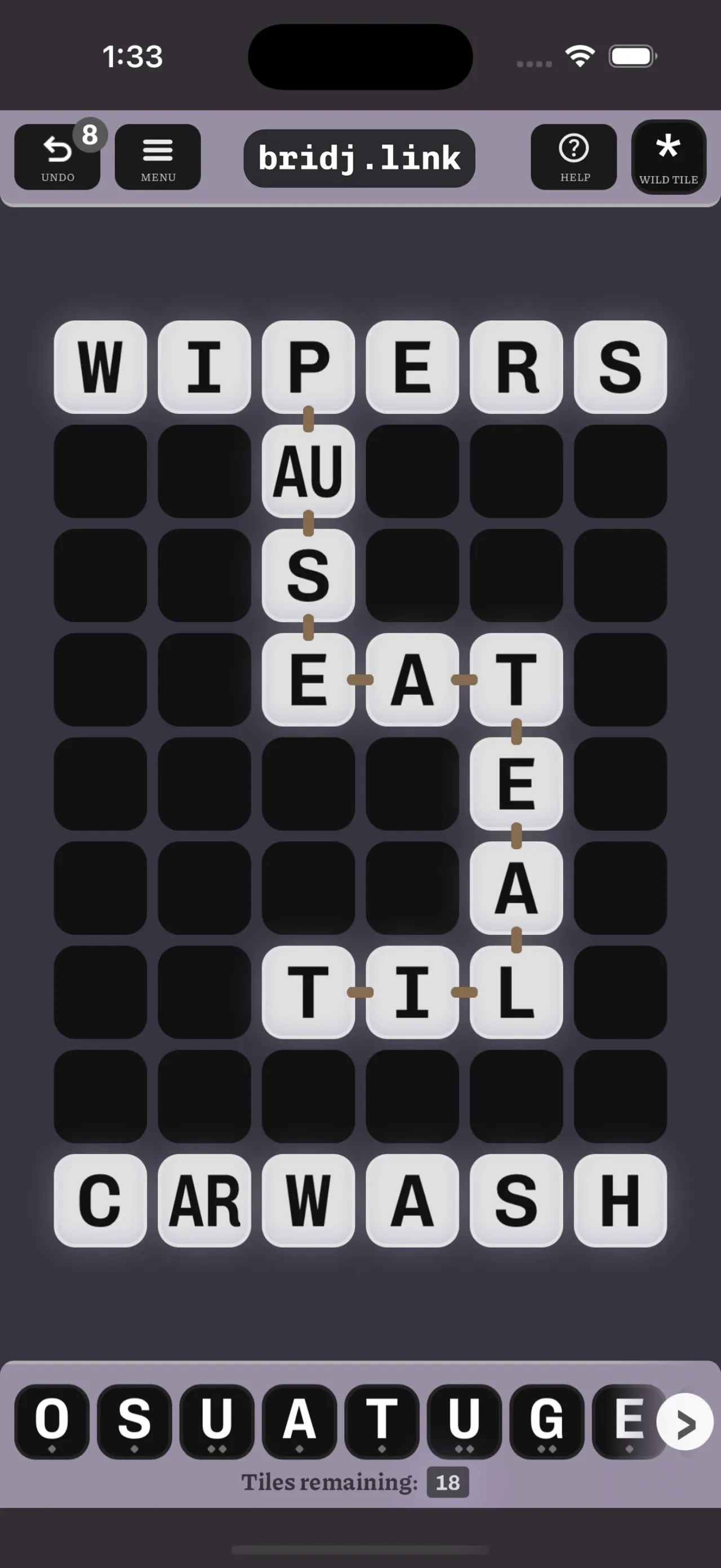 bridj puzzle joining WIPERS at the top to CARWASH at the bottom with crossing words PAUSE, EAT, TEAL and TIL, and letter tiles below
