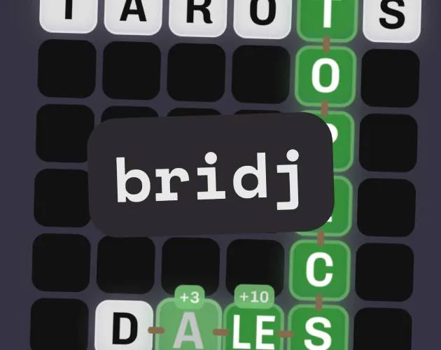 bridj logo over a grid of word tiles with scored green letters