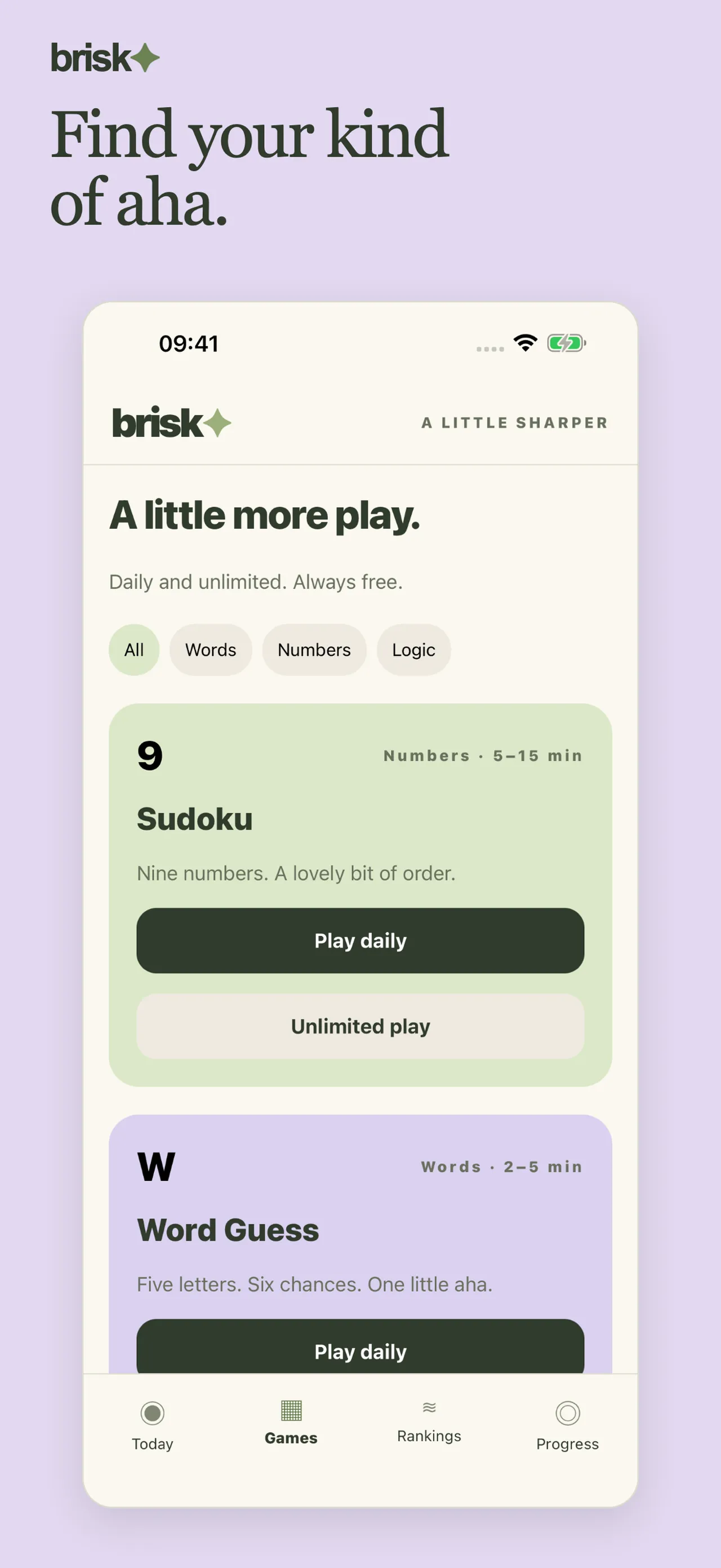 Brisk's games list with Sudoku and Word Guess, each with daily and unlimited play