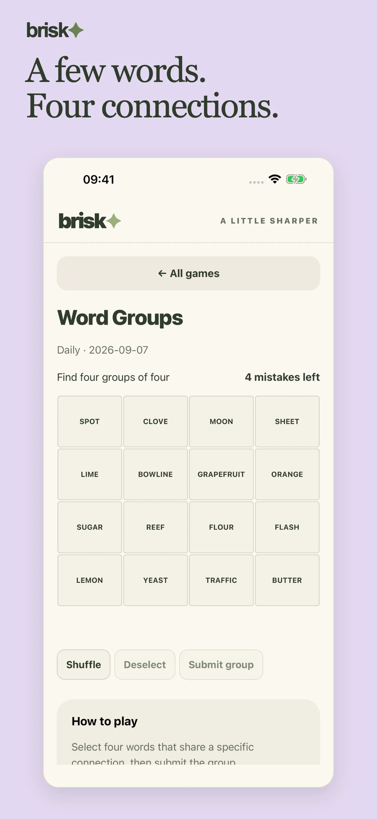 Brisk's daily Word Groups board: sixteen words to sort into four groups of four