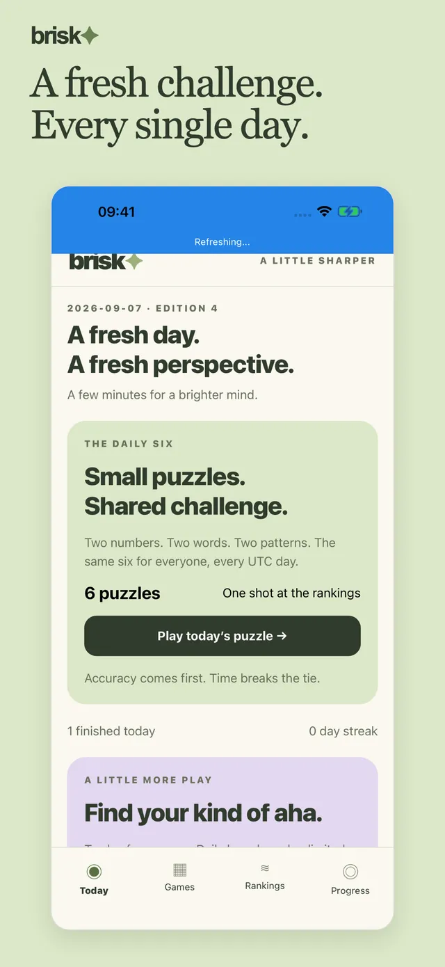 Brisk's Today screen: The Daily Six card, two numbers, two words and two patterns, the same six for everyone, with a Play today's puzzle button