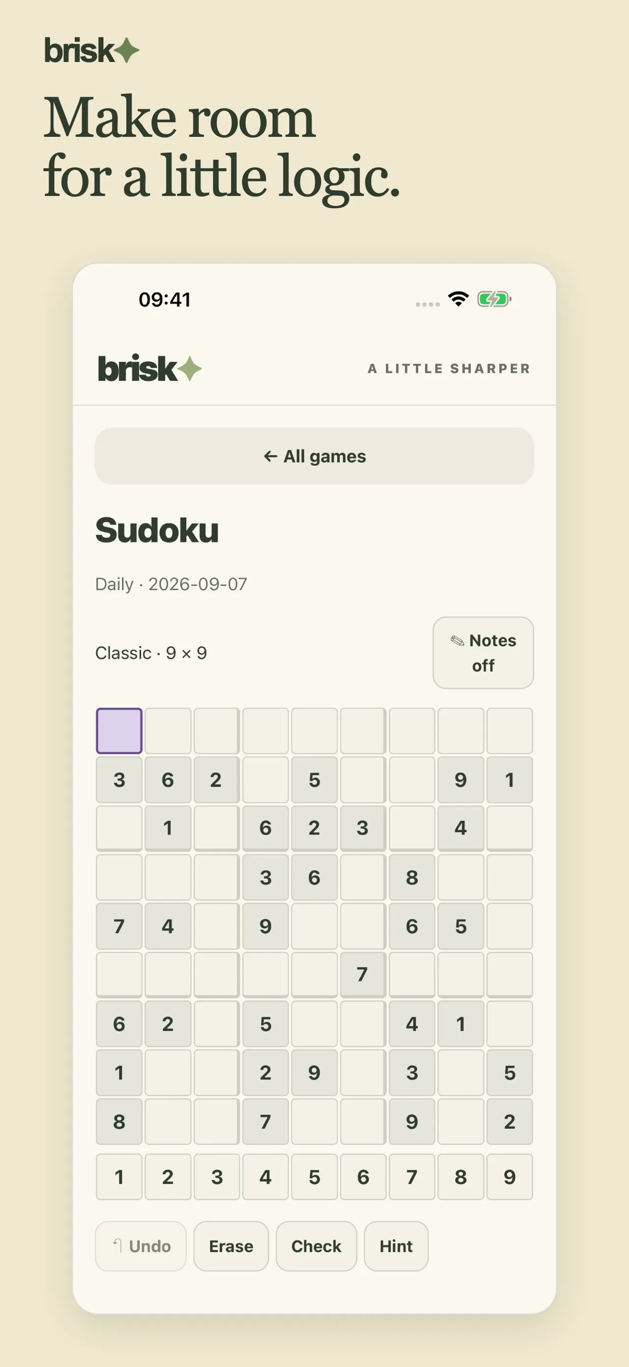 Brisk's daily classic 9x9 Sudoku with notes, undo, check and hint buttons