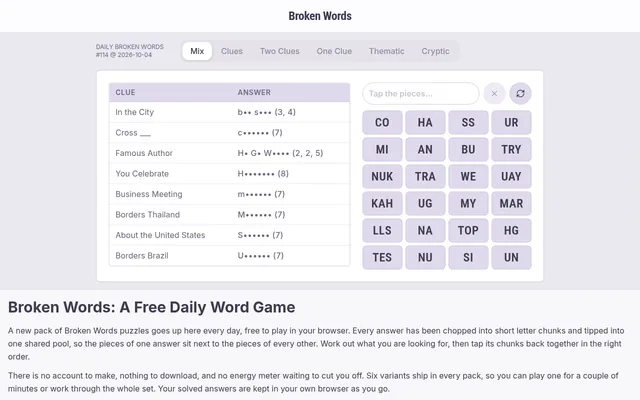 Daily Broken Words #114 for 2026-10-04, Mix pack: eight clues with masked answers beside a pool of letter-chunk tiles such as CO, HA, NUK and TOP to tap back into words