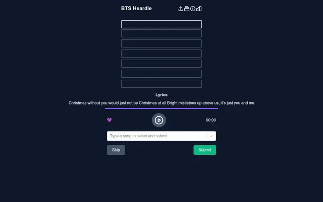 BTS Heardle board on 20 October 2026: seven empty guess rows, the day's lyric clue about Christmas and mistletoe, a play button for the snippet, and the song search box with Skip and Submit