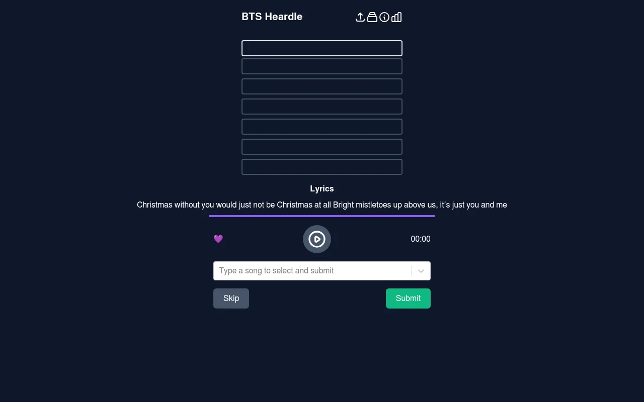 BTS Heardle board on 20 October 2026: seven empty guess rows, the day's lyric clue about Christmas and mistletoe, a play button for the snippet, and the song search box with Skip and Submit