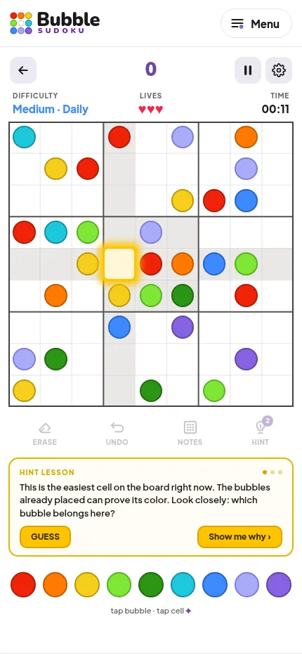 Bubble Sudoku's daily at phone size with a hint lesson open: one cell highlighted and the hint asking which bubble belongs there