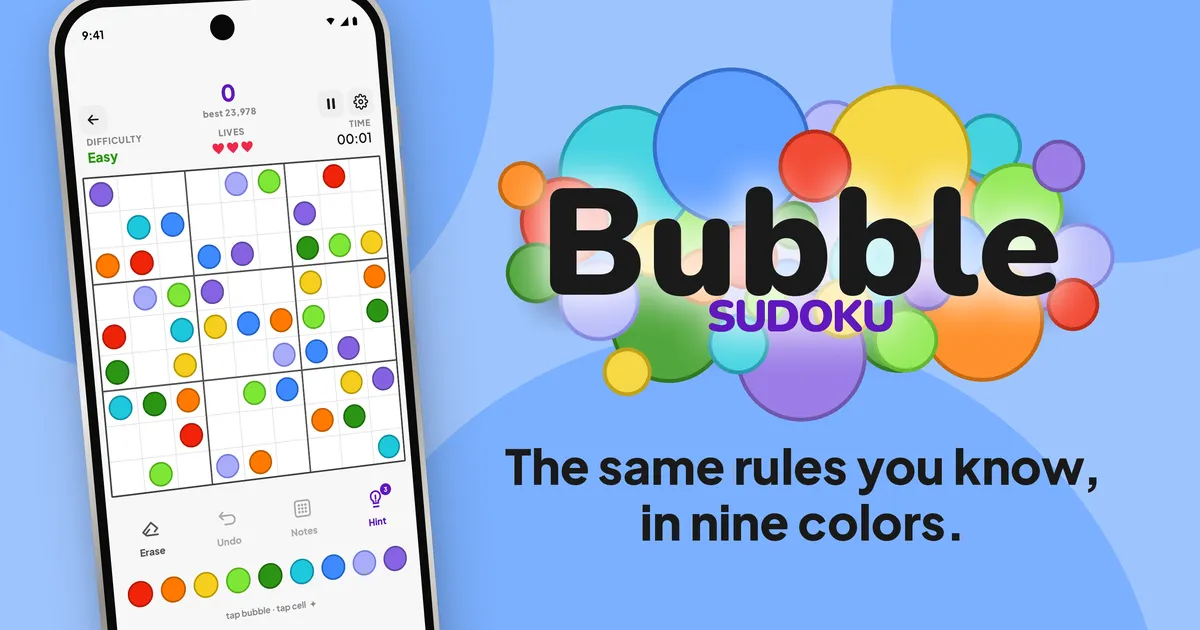 A Bubble Sudoku board on a phone, a 9x9 grid filled with coloured bubbles and a nine-colour palette below, next to the Bubble Sudoku title
