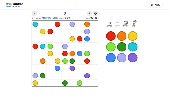 Today's Bubble Sudoku daily (Medium) in a desktop browser: a 9x9 grid with coloured bubbles given and a nine-colour palette beside it