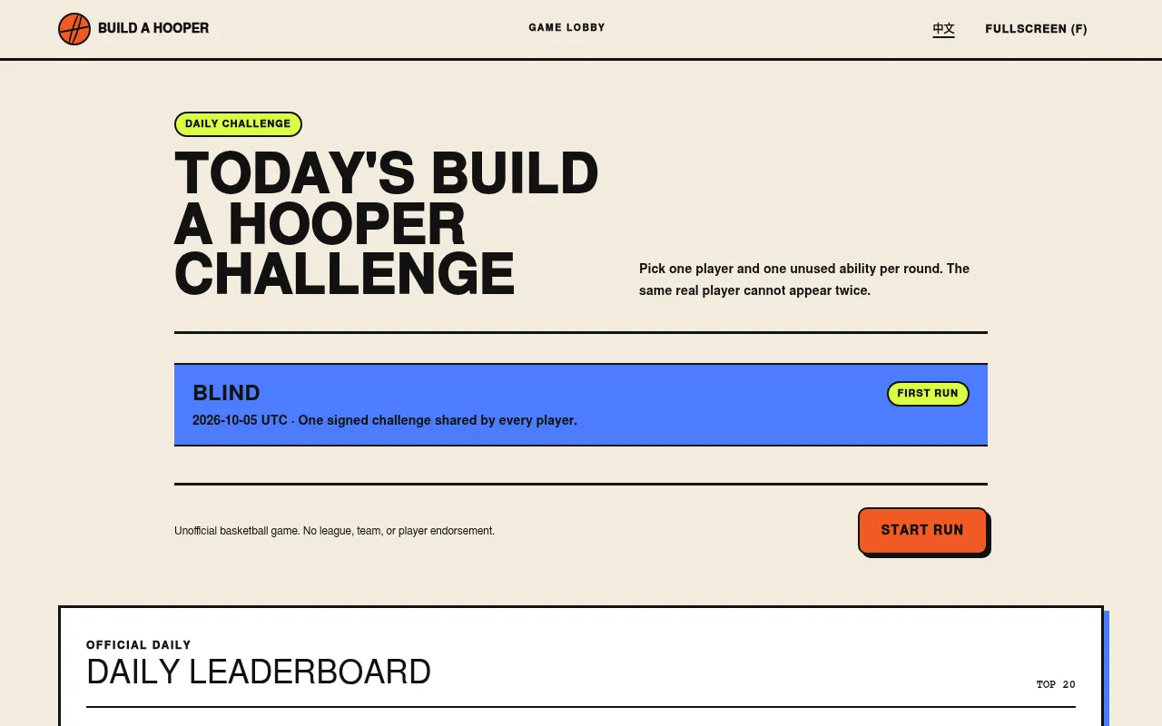 The Build a Hooper Daily Challenge page for 5 October 2026 in Blind mode, one signed challenge shared by every player, with a Start run button and the daily leaderboard below