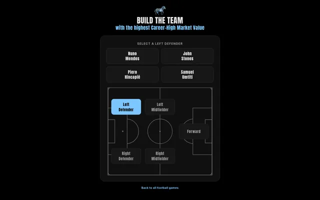 Build the Team on 21 October 2026, 'with the highest Career-High Market Value': four left defenders to choose from (Nuno Mendes, John Stones, Piero Hincapié, Samuel Umtiti) above a 2-2-1 pitch