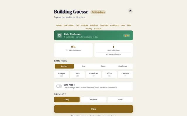 Building Guessr home: the Daily Challenge of 5 buildings, the same for everyone today, above game modes by region, era and type and a difficulty choice