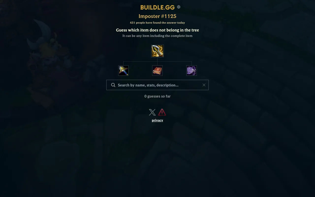Buildle's daily Imposter #1125: a League of Legends item build tree of one complete item over three components, with the task Guess which item does not belong in the tree, an item search box and a cou