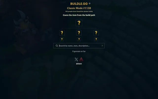 Buildle Classic Mode #1138 on 19 October 2026: a hidden League of Legends item's build tree of question-mark slots over an item search box, with 145 players already solved