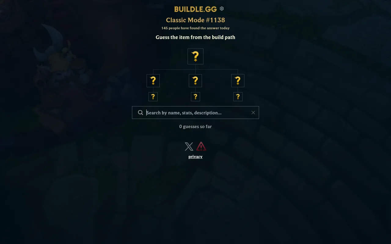 Buildle Classic Mode #1138 on 19 October 2026: a hidden League of Legends item's build tree of question-mark slots over an item search box, with 145 players already solved