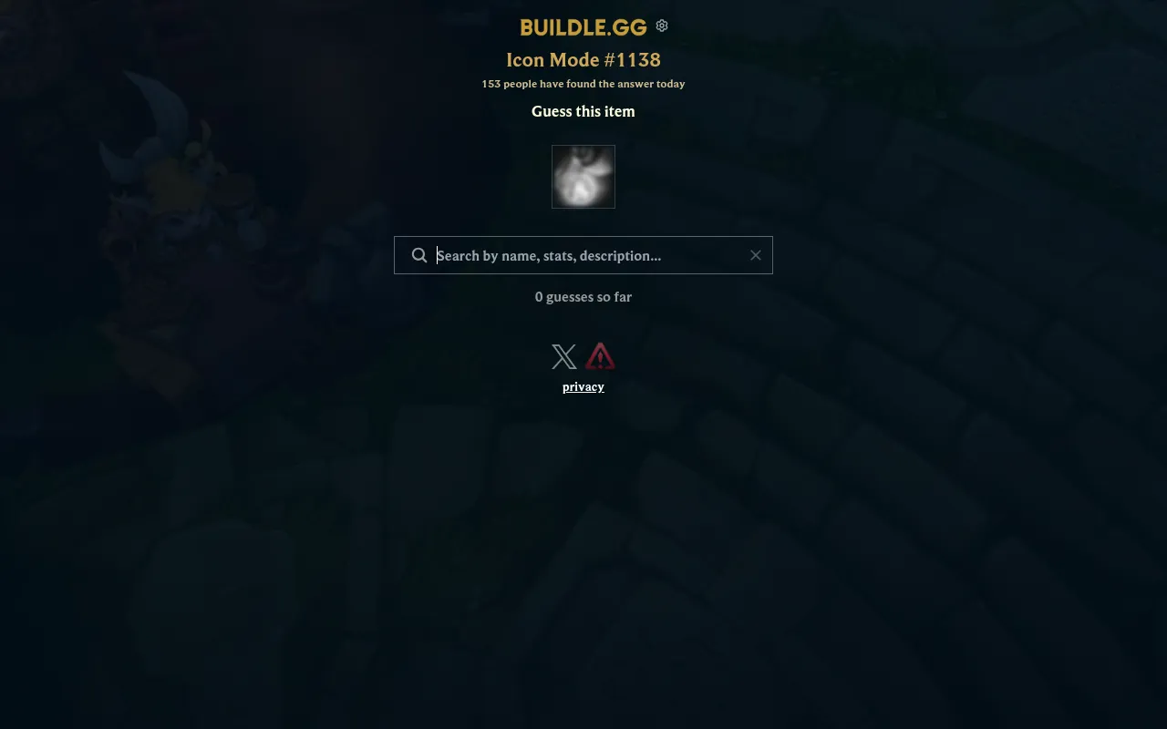 Buildle Icon Mode #1138: a blurred, greyed League of Legends item icon to name, above the item search box and a guess counter