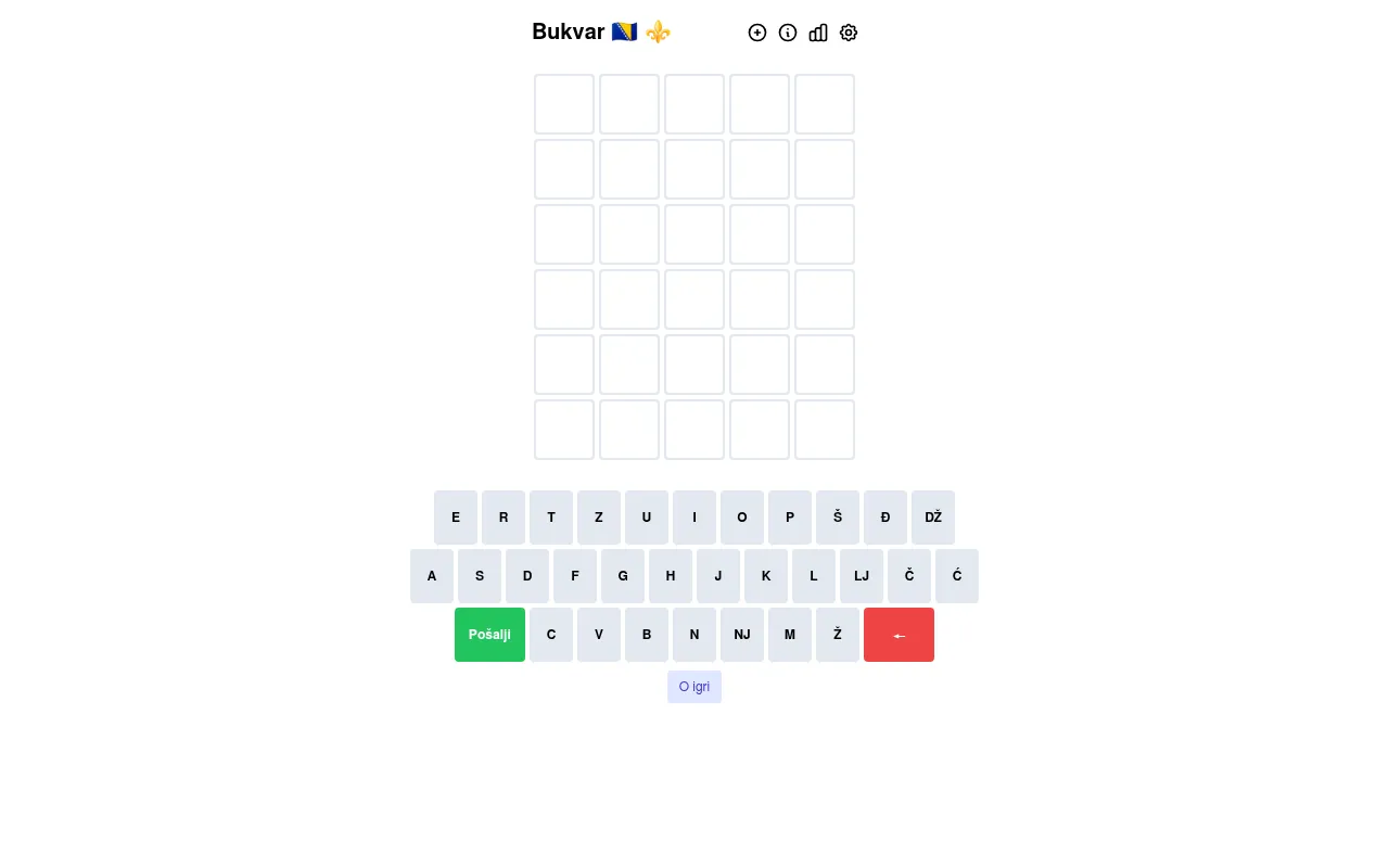 Bukvar board: an empty grid of six rows of five tiles above a Bosnian keyboard with Š, Đ, DŽ, LJ, NJ, Č, Ć and Ž keys and a green Pošalji button