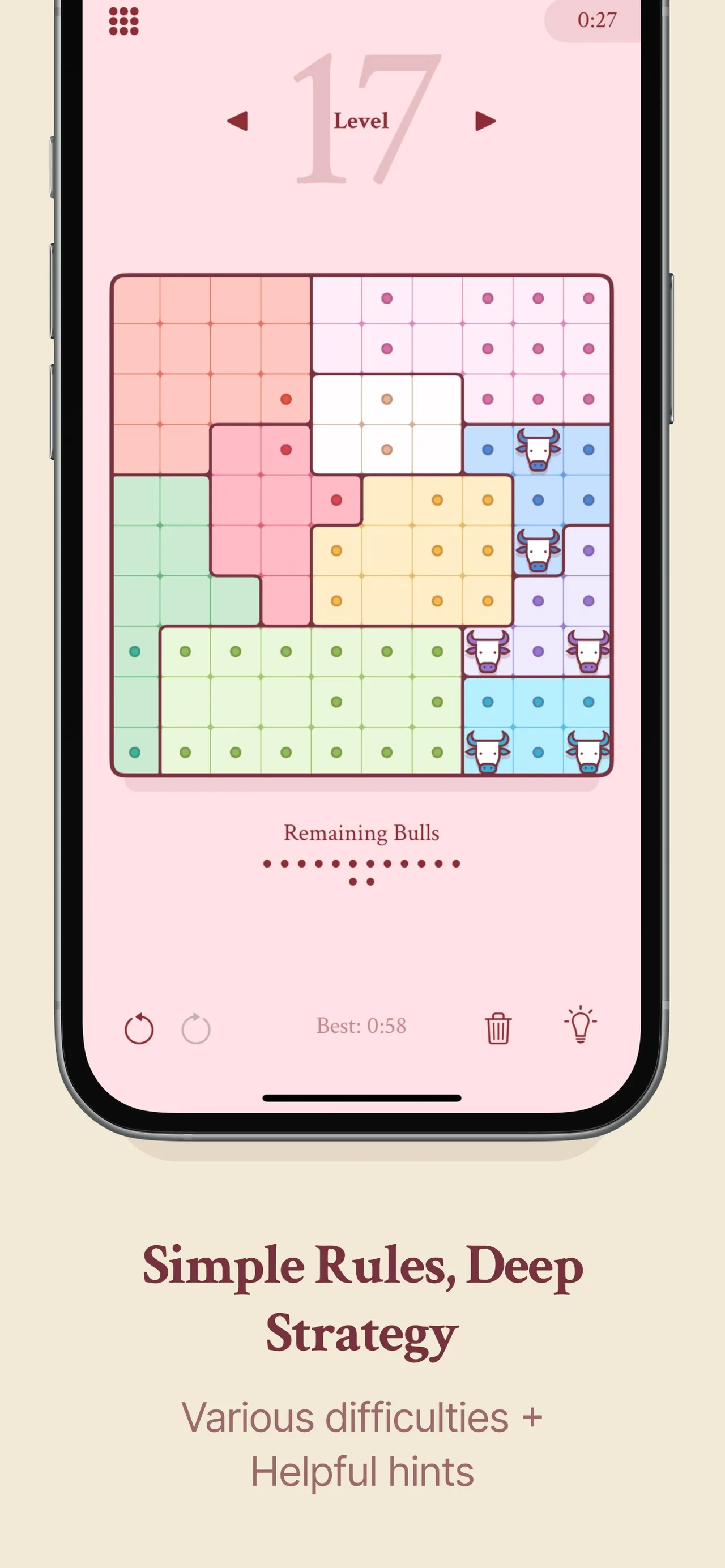 Bullpen level 5 on a phone: a coloured grid with three bulls placed and a timer at the top