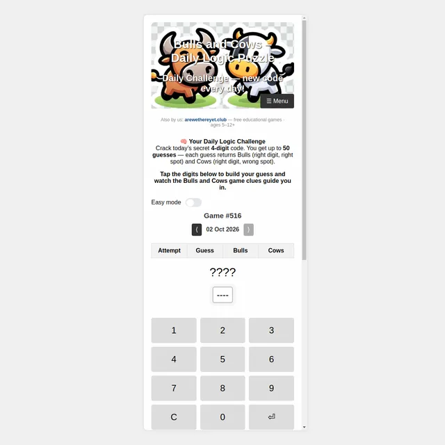 The Bulls and Cows daily challenge page showing Game #516 for 02 Oct 2026, the guess table and a number keypad