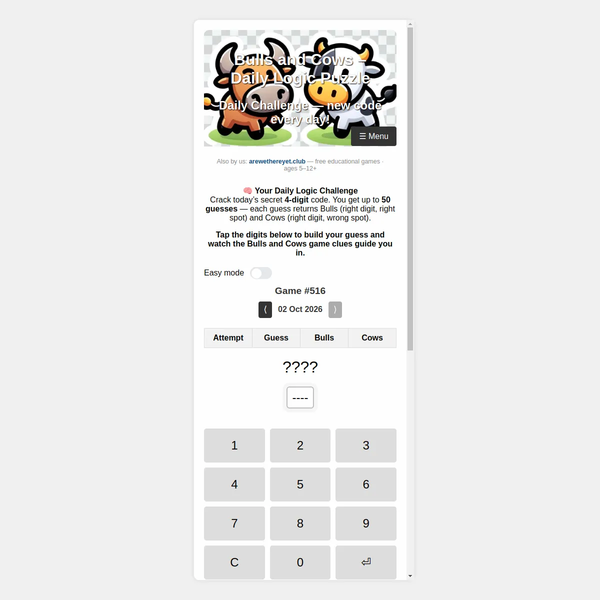 The Bulls and Cows daily challenge page showing Game #516 for 02 Oct 2026, the guess table and a number keypad