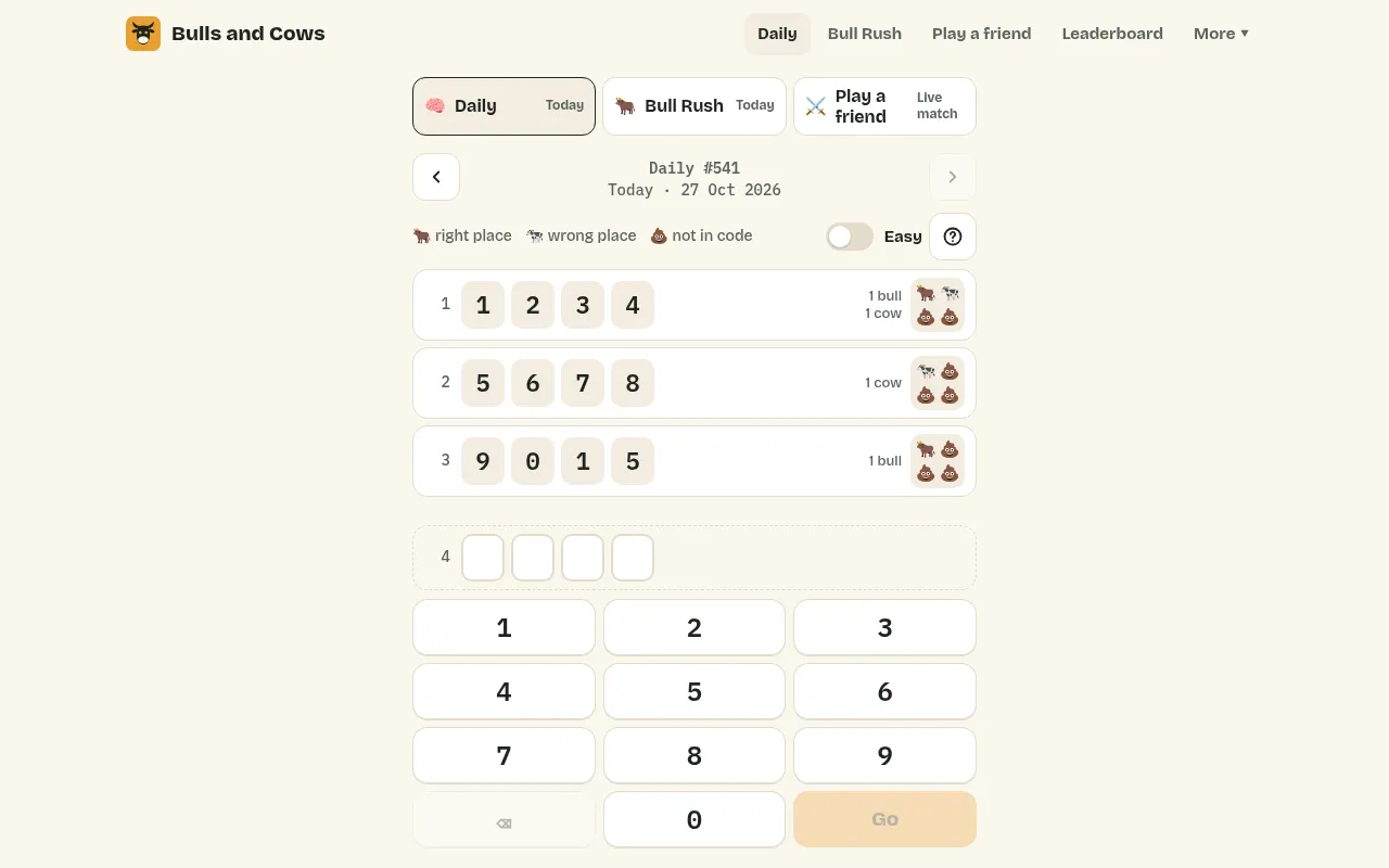 Bulls and Cows Daily #541 for 27 Oct 2026 in play: three guesses scored with bull, cow and poo icons above the digit keypad