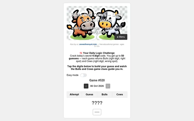 Bulls and Cows daily challenge, Game #520 for 06 Oct 2026: the rules for cracking a secret 4-digit code, an Easy mode switch and the empty guess table with Bulls and Cows columns