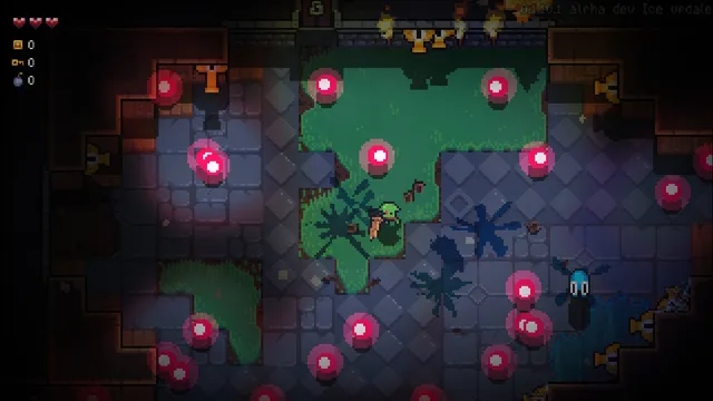 Burning Knight pixel-art room with the hero surrounded by glowing red enemy bullets