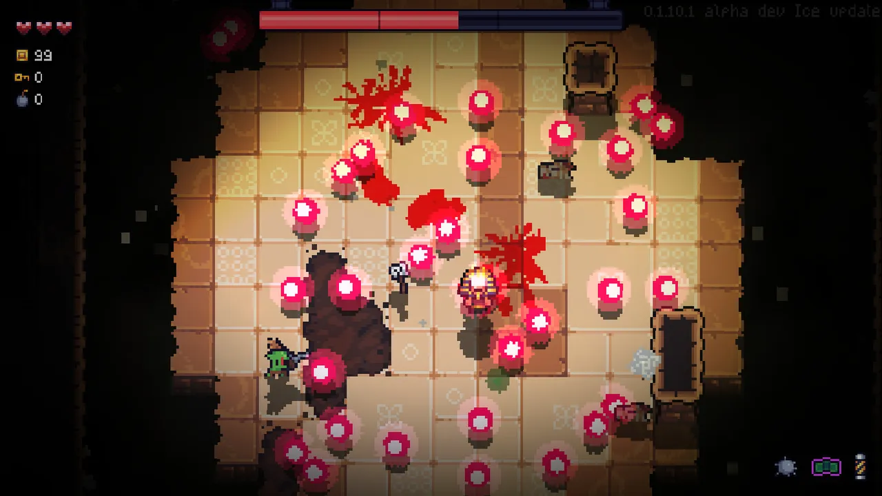 Burning Knight boss fight in a sandy tomb room, the hero dodging rings of red bullets under the boss health bar