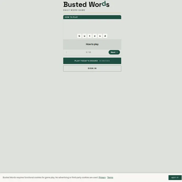 The Busted Words start screen with a how-to-play card showing letter tiles b, u, t, e, s, d, a Play Today's Board (30 moves) button and a Sign In button