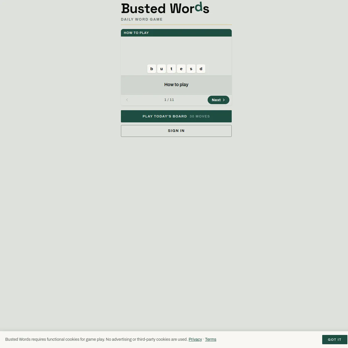 The Busted Words start screen with a how-to-play card showing letter tiles b, u, t, e, s, d, a Play Today's Board (30 moves) button and a Sign In button