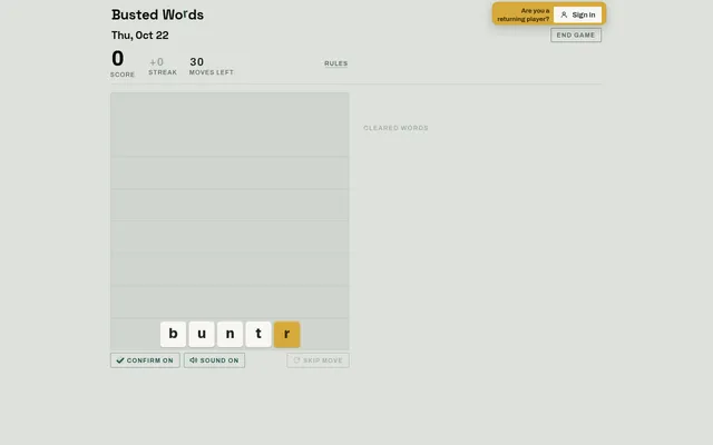 Busted Words board for Thu, Oct 22 on a desktop: score 0, 30 moves left, and the first row of letter tiles b, u, n, t, r at the bottom of an empty well