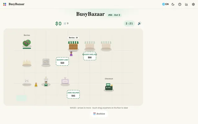 BusyBazaar #94 Daily Rush on Zalize for October 3: a market floor with a berry bush, a berry stall, a checkout, upgrade pads for a bakery line, bigger shelves and a helper, and 2:21 left on the clock