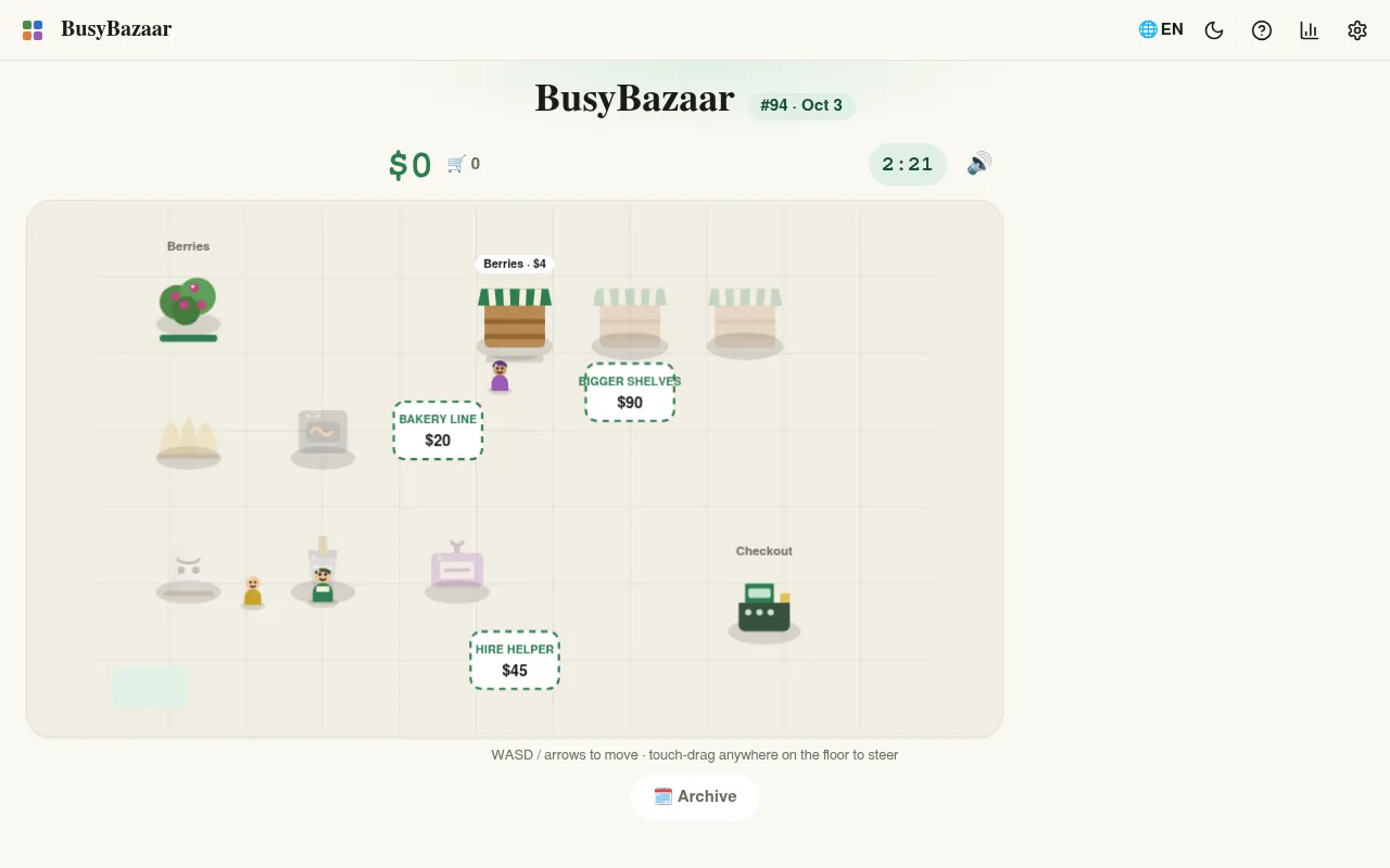 BusyBazaar #94 Daily Rush on Zalize for October 3: a market floor with a berry bush, a berry stall, a checkout, upgrade pads for a bakery line, bigger shelves and a helper, and 2:21 left on the clock