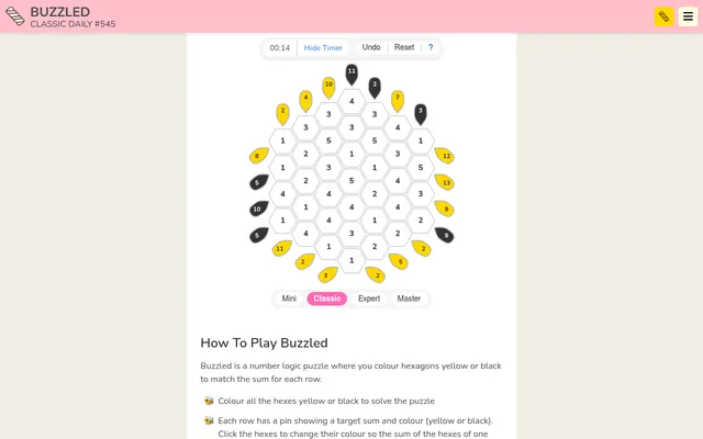Buzzled Classic Daily #545: a hexagon-shaped board of numbered white hexagons ringed by yellow and black pins with target sums, and the Mini, Classic, Expert and Master buttons below