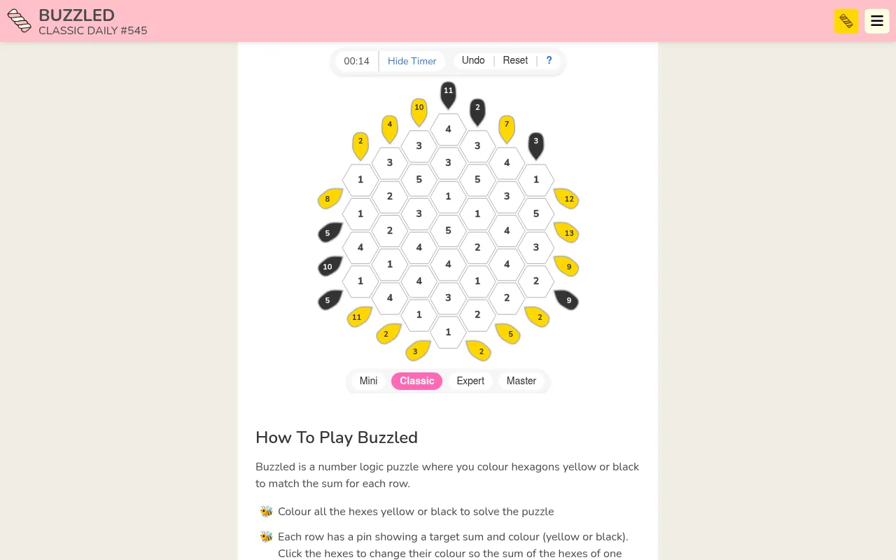 Buzzled Classic Daily #545: a hexagon-shaped board of numbered white hexagons ringed by yellow and black pins with target sums, and the Mini, Classic, Expert and Master buttons below