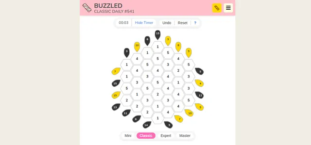 Buzzled Classic Daily #541: a hexagon-shaped board of numbered hexagons with yellow and black target sums around the edge, and the Mini, Classic, Expert and Master size buttons