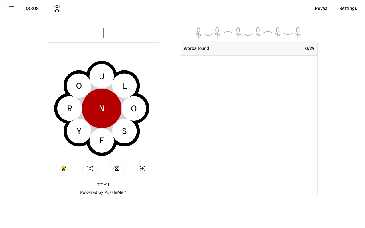CNA Buzzword for 6 October 2026: a flower of letters U, L, O, S, E, Y, R and O around a red centre N, with 0 of 29 words found