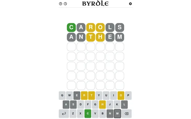 Byrdle on 26 October 2026: a six-letter grid of seven rows with two guesses, CAROLS and ANTHEM, in green, yellow and grey tiles above the keyboard