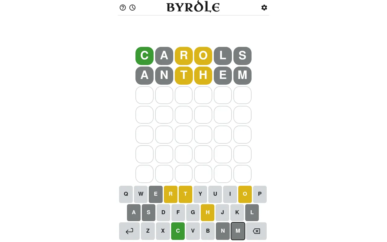 Byrdle on 26 October 2026: a six-letter grid of seven rows with two guesses, CAROLS and ANTHEM, in green, yellow and grey tiles above the keyboard