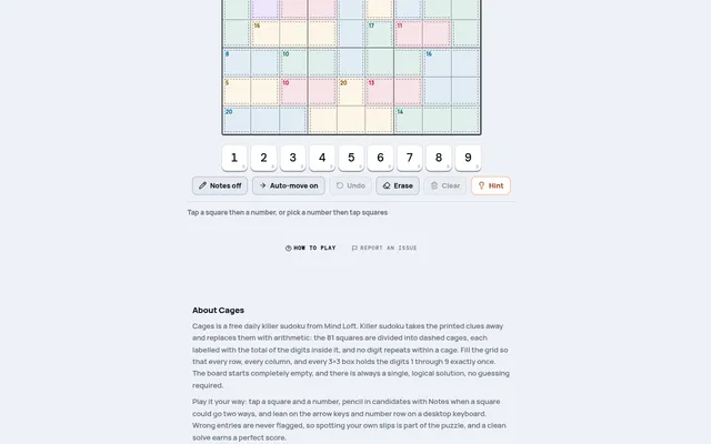 Cages killer sudoku on mindloftdaily.com: the lower rows of an empty grid divided into coloured dashed cages with sums, above a 1 to 9 number pad and Notes, Undo, Erase and Hint buttons